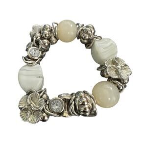 Vintage 90s Silver Tone And Glass Stone Chunky Stretch Bracelet